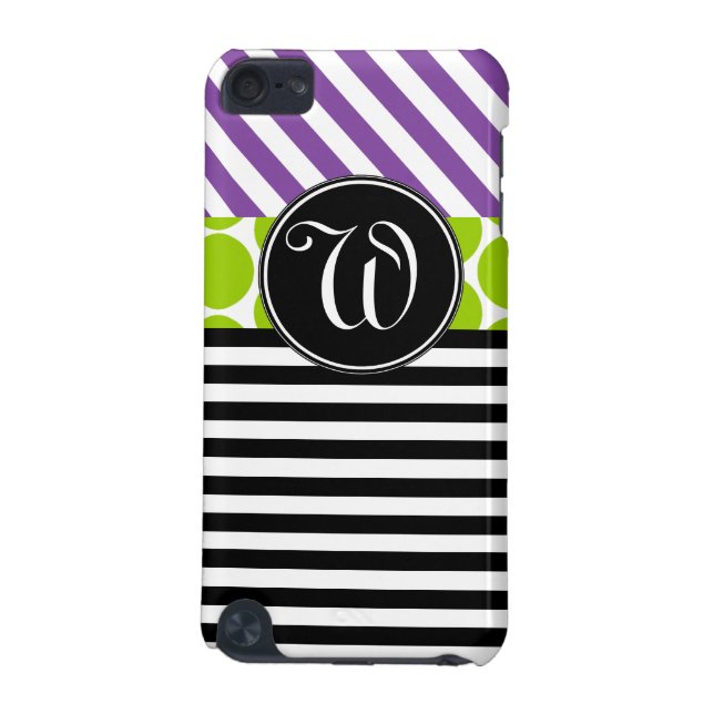 GIRLY PURPLE GREEN BLACK STRIPES MONOGRAMMED iPod TOUCH (5TH GENERATION) CASE (Back)