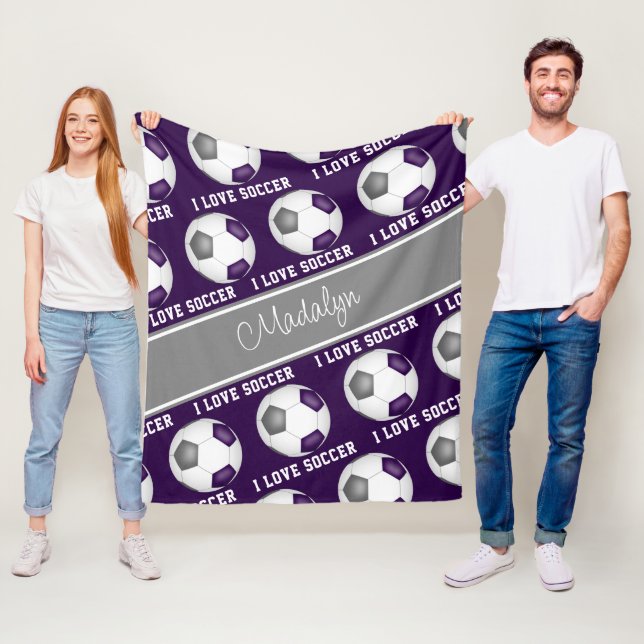 girly purple grey sports I love soccer text Fleece Blanket (In Situ)