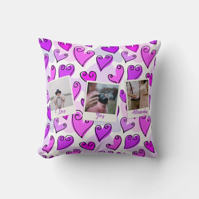 Girly Purple Hearts Cute Romantic Valentine Photo Cushion (Front)