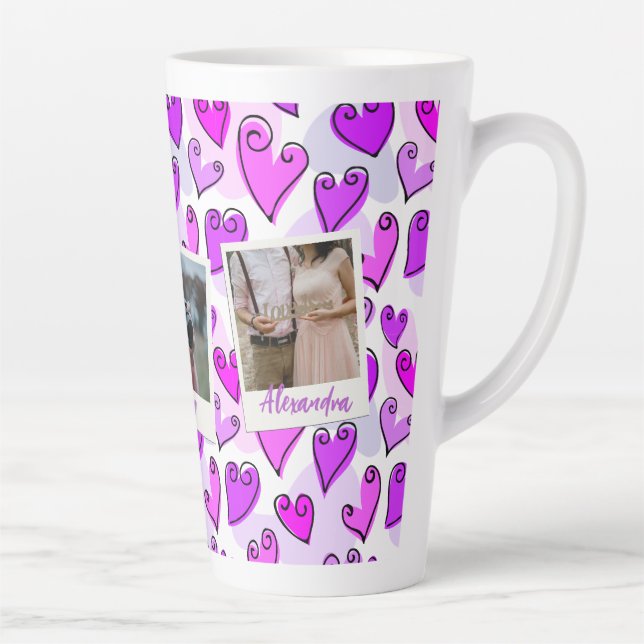 Girly Purple Hearts Cute Romantic Valentine Photo Latte Mug (Right)