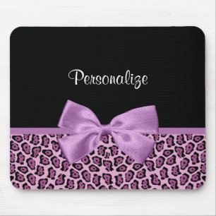 Girly Purple Jaguar Print Cute Bow With Name Mouse Mat