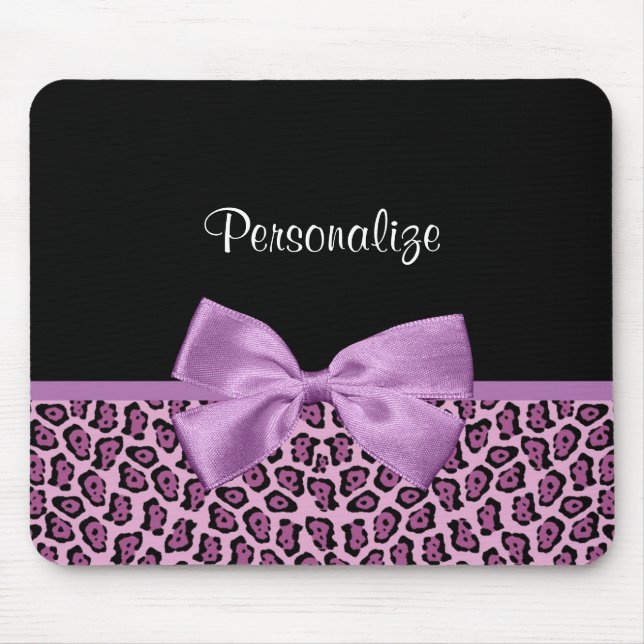 Girly Purple Jaguar Print Cute Bow With Name Mouse Mat (Front)