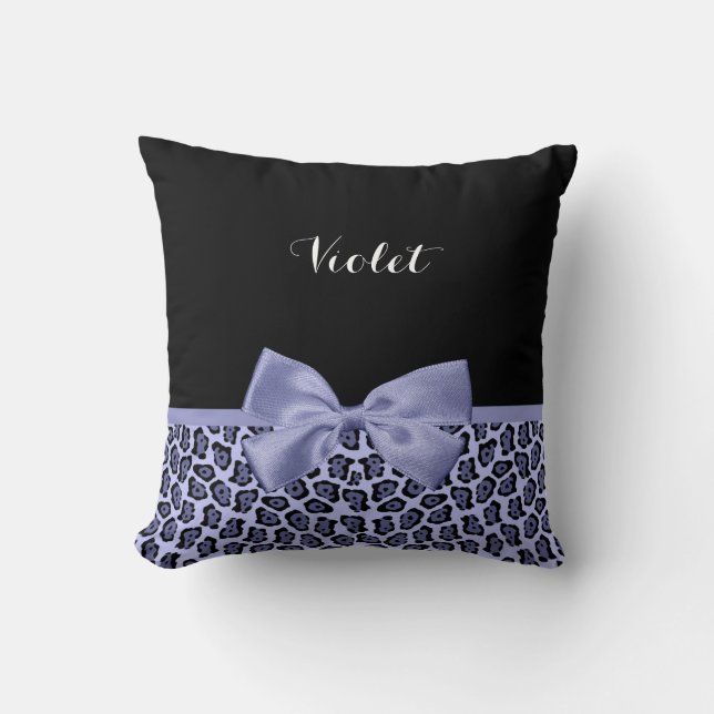 Girly Purple Jaguar Print Lavender Bow With Name Cushion (Front)