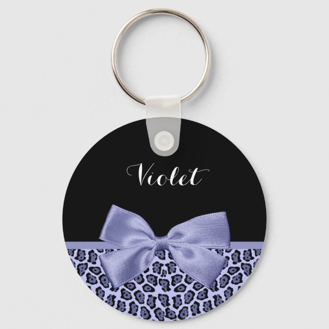 Girly Purple Jaguar Print Lavender Bow With Name Key Ring (Front)