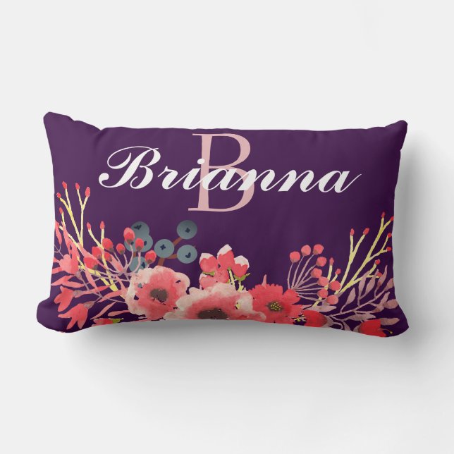 Girly Purple Jewel Tone Watercolor Flowers Lumbar Cushion (Front)
