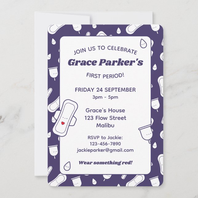 Girly Purple Menstrual Pad First Period Party Invitation (Front)