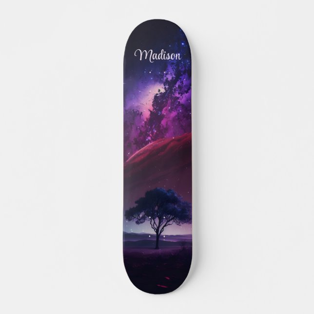 Girly Purple Midnight Sky Tree Custom Name Skateboard (Front)