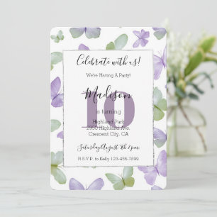 Girly Purple Mint Butterflies 10th Birthday Invitation