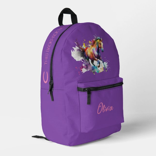 Girly Purple Personalised Horse Printed Backpack (Back Corner Left)