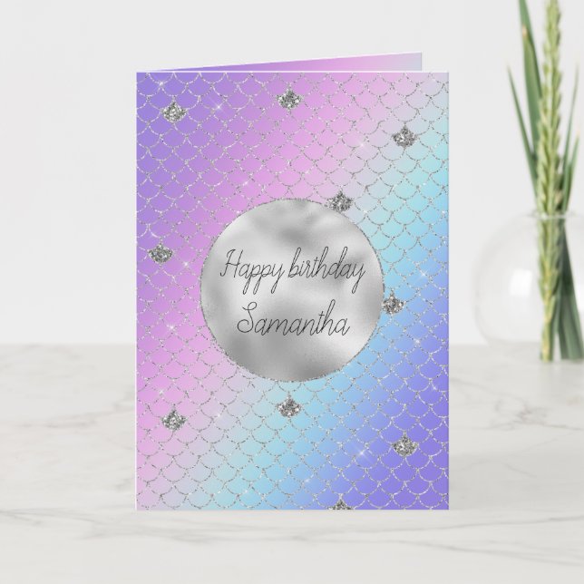 Girly Purple Pink Aqua Silver Mermaid Glitter Card (Front)