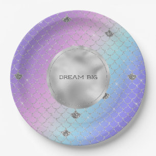 Girly Purple Pink Aqua Silver Mermaid Glitter Paper Plate