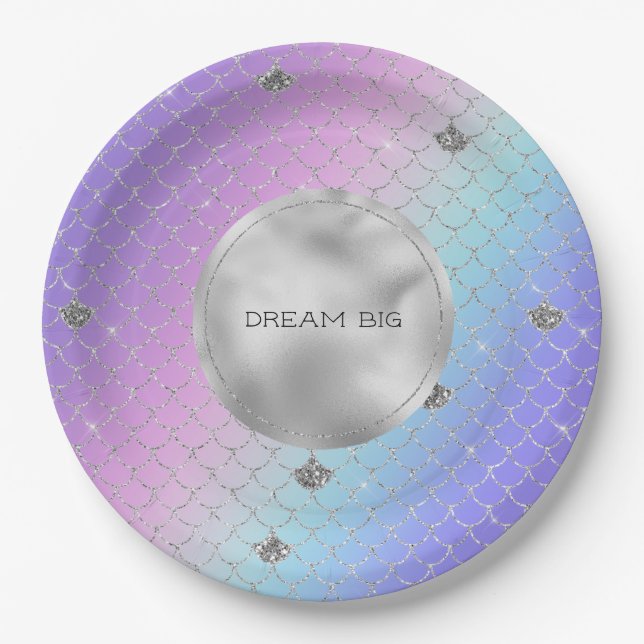 Girly Purple Pink Aqua Silver Mermaid Glitter Paper Plate (Front)