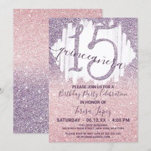 Girly Purple Pink Faux Glitter Ombre Quinceañera Invitation
