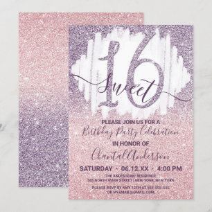 Girly Purple Pink Faux Glitter Ombre Sweet Sixteen Invitation