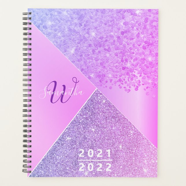 Girly Purple Pink Glitter Chic Monogram 2021 2022 Planner (Front)
