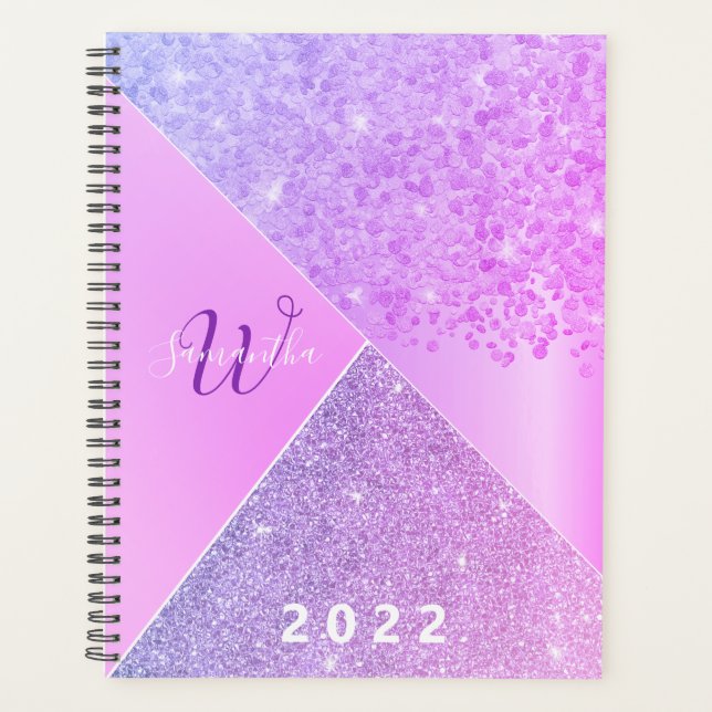 Girly Purple Pink Glitter Chic Monogram 2022 Planner (Front)