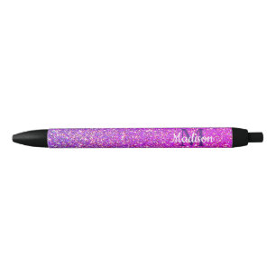 Girly Purple Pink Glitter Ombre Personalised Black Ink Pen