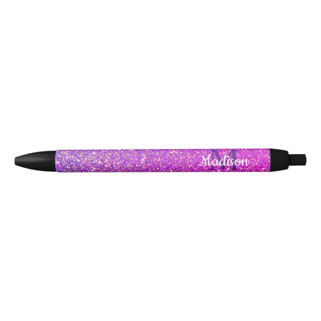 Girly Purple Pink Glitter Ombre Personalised Black Ink Pen (Front)