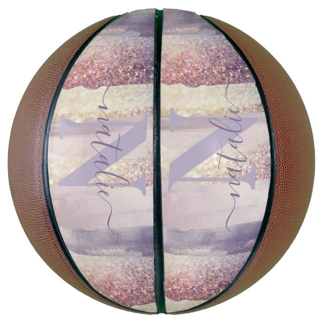 Girly purple pink glitter sparkle initial name basketball (Vertical)