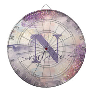Girly purple pink glitter sparkle initial name dartboard