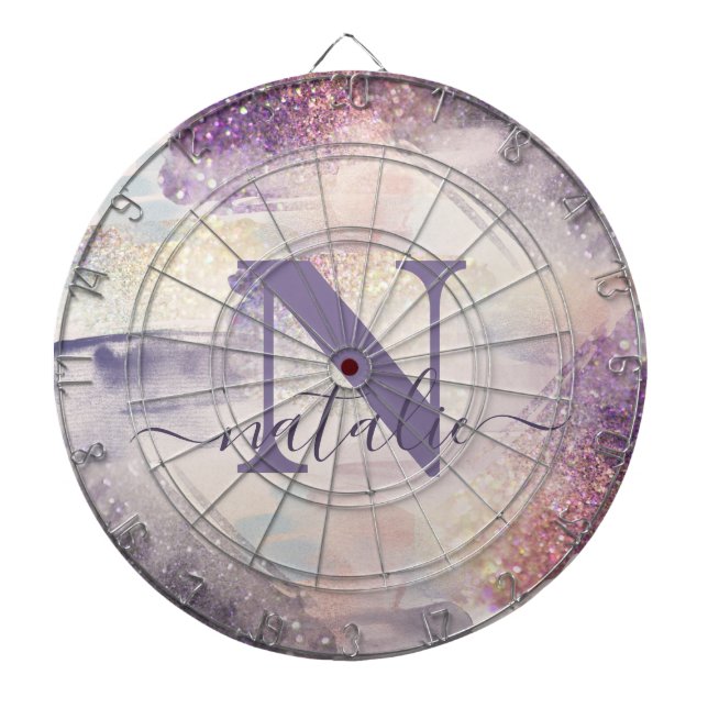 Girly purple pink glitter sparkle initial name dartboard (Front)