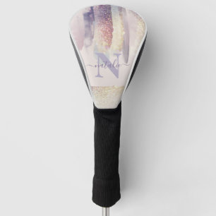 Girly purple pink glitter sparkle initial name golf head cover