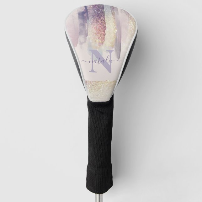 Girly purple pink glitter sparkle initial name golf head cover (Front)