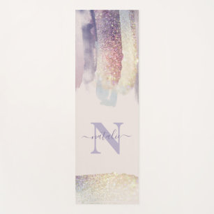 Girly purple pink glitter sparkle initial name yoga mat