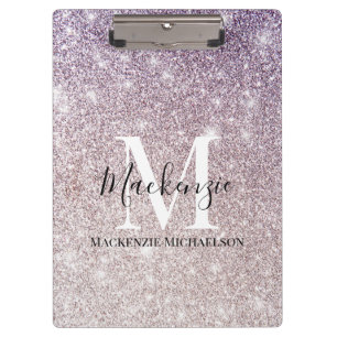 Girly Purple Pink Ombre Glitter Monogram Name Clipboard
