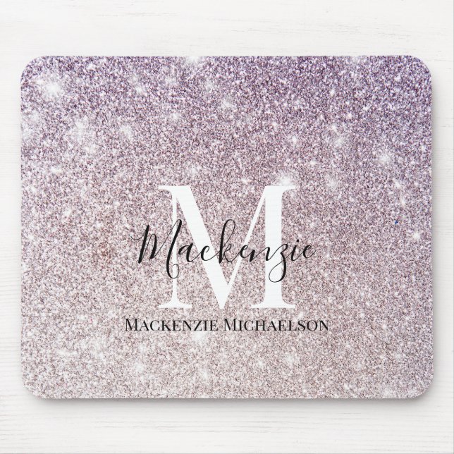 Girly Purple Pink Ombre Glitter Monogram Name   Mouse Mat (Front)