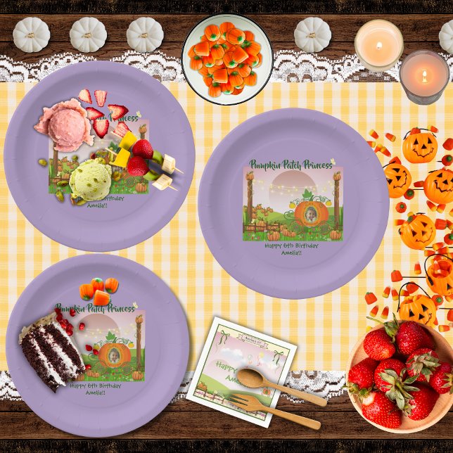Girly Purple Pumpkin Patch Girl's Birthday  Paper Plate (Pretty purple personalized "Pumpkin Patch Princess" with your photo girl's birthday party plates)