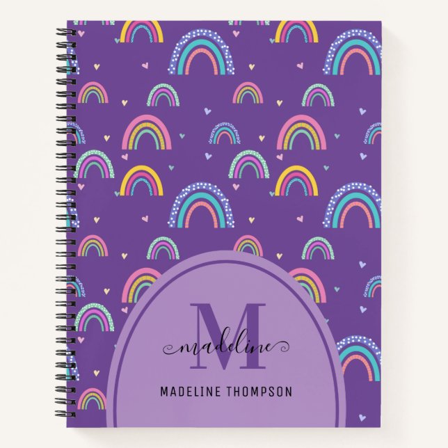Girly Purple Rainbow Heart Script Monogram Boho Notebook (Front)