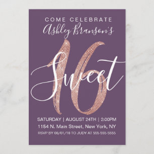Girly Purple Rose Gold Sequin Glitter Sweet 16 Invitation