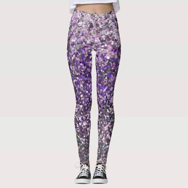 Girly Purple Silver Glitter Sequin Confetti Leggings (Front)