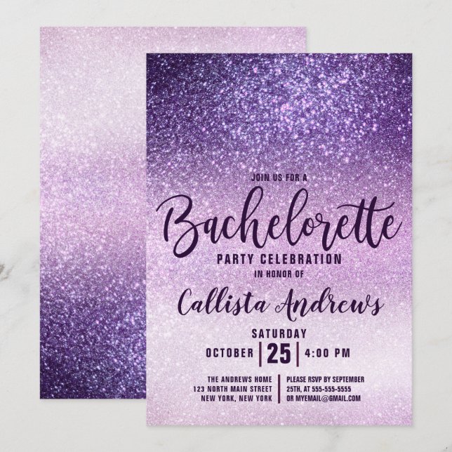 Girly Purple Triple Glitter Bachelorette Invitation (Front/Back)