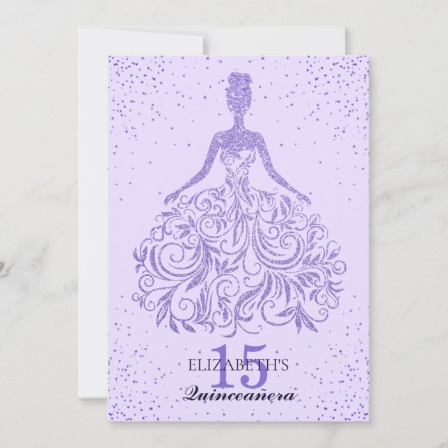 Girly Purple Violet Glitter Dress Quinceañera Invitation (Front)