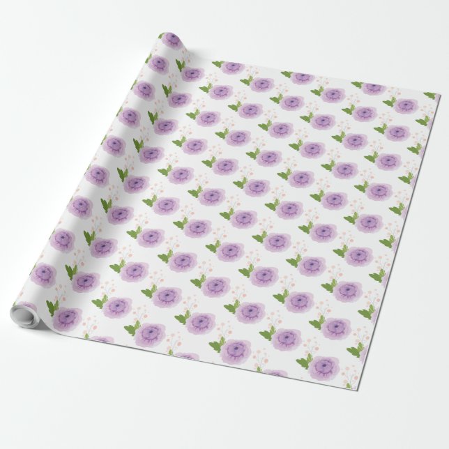 Girly Purple Watercolor Flowers Garden Wrapping Paper (Unrolled)