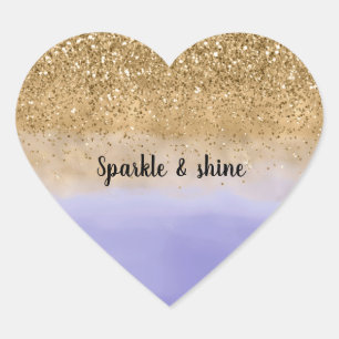 Girly Purple Watercolor Gold Glitter Heart Sticker
