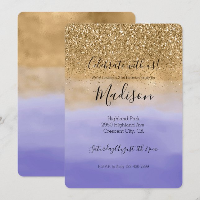 Girly Purple Watercolor Gold Glitter Invitation (Front/Back)