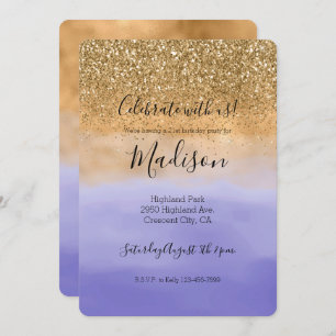 Girly Purple Watercolor Gold Glitter Invitation