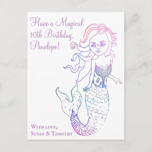 Girly Purple Watercolor Mermaid Art Happy Birthday Postcard
