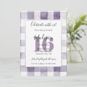 Girly Purple White Plaid Stripes 16th Birthday Invitation