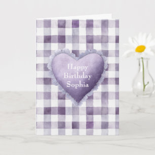 Girly Purple White Plaid Stripes Heart Birthday Card