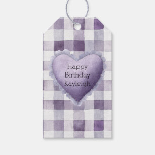 Girly Purple White Plaid Stripes Heart Birthday Gift Tags