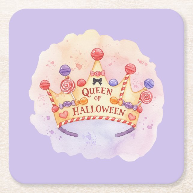 Girly Queen of Halloween Square Paper Coaster (Front)