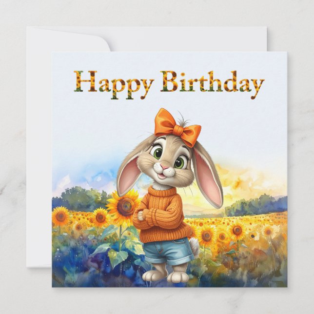 Girly rabbit sunflower field Happy Birthday (Front)