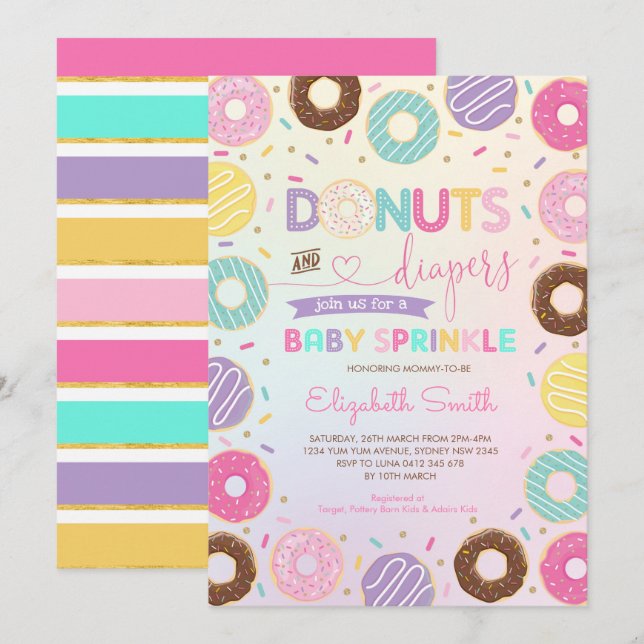 Girly Rainbow Doughnuts Diapers Baby Sprinkle Show Invitation (Front/Back)
