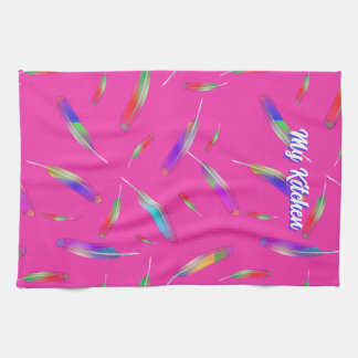 Girly Rainbow Feathers Hot Pink Script Tea Towel
