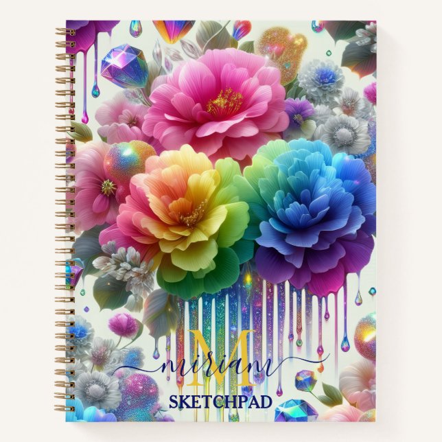 Girly Rainbow Floral Flower Monogram Notebook (Front)