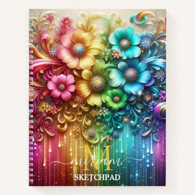 Girly Rainbow Floral Flower Monogram Notebook (Front)